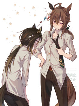 Rule 34 | 2girls, ahoge, animal ears, black necktie, black pants, blush, brown hair, buttons, collared shirt, commentary, cowboy shot, ear covers, ear ornament, eighth note, feathers, finger to own chin, grin, hair between eyes, hand on own hip, highres, horse ears, horse girl, horse tail, long hair, long sleeves, multiple girls, musical note, nakayama festa (umamusume), necktie, pants, parted lips, ponytail, purple eyes, shirt, simple background, single ear cover, smile, standing, star (symbol), stay gold (umamusume), tail, umamusume, watermark, white background, white shirt, yue (lov n n)
