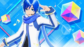 1boy 3d blue_background blue_eyes blue_hair blue_nails blue_scarf curled_fingers game_cg hand_up headphones headset highres kaito_(vocaloid) kaito_(vocaloid3) light_smile looking_at_viewer male_focus musical_note non-web_source official_art open_mouth project_diva_(series) project_diva_mega39's scarf short_hair vocaloid