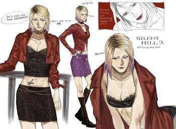 Rule 34 | 1girl, amantes404, animal print, black boots, black bra, black panties, black shirt, black skirt, blonde hair, blue eyes, boots, bra, breasts, butterfly tattoo, cleavage, closed mouth, colored tips, commentary request, copyright name, cowboy shot, cropped jacket, english text, full body, hand on own hip, highres, jacket, jacket on shoulders, leopard print, looking at viewer, maria (silent hill), medium breasts, medium hair, midriff, miniskirt, multicolored hair, multiple views, panties, parted lips, pendant choker, pink hair, print choker, print skirt, purple skirt, red jacket, red lips, shirt, silent hill (series), silent hill 2, silent hill 2 (remake), skirt, solo, speech bubble, stomach tattoo, swept bangs, tattoo, twitter username, underwear, upper body, white background