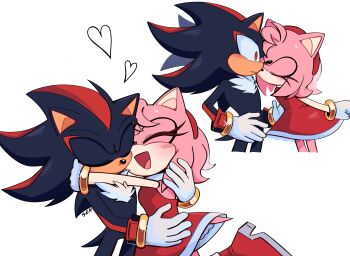 1boy 1girl amy_rose boots commentary couple furry furry_female furry_male gloves hetero highres hug kiss kissing_cheek red_boots red_eyes shadow_the_hedgehog simple_background sonic_(series) symbol-only_commentary twixei0 white_background white_gloves