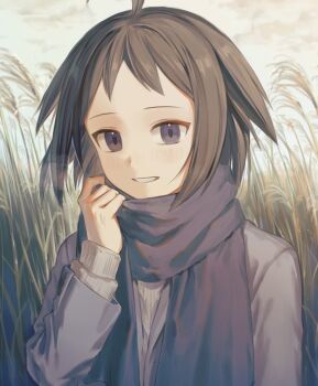 1boy ahoge black_hair blue_eyes blue_scarf calem_(pokemon) jacket long_sleeves looking_at_viewer male_focus mint_pk nintendo open_clothes open_jacket open_mouth outdoors pokemon pokemon_xy scarf shirt short_hair smile solo teeth upper_body wheat_field