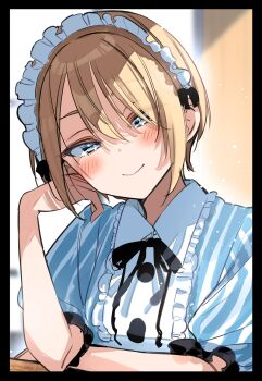 aqua_dress blonde_hair blue_eyes blush closed_mouth collared_dress commentary_request dress elbow_on_table familia_uniform hair_between_eyes head_rest head_tilt highres hououji_akane light_smile maid_headdress megami_no_cafe_terrace nikumaru short_hair short_sleeves striped_clothes striped_dress upper_body vertical-striped_clothes vertical-striped_dress white_headdress