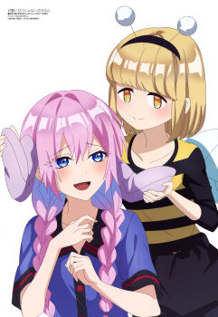 Rule 34 | 2girls, absurdres, animal hairband, anime coloring, aquastar inc., bee costume, bee wings, blonde hair, blue eyes, blue shirt, blush, braid, closed mouth, collarbone, collared shirt, copyright name, copyright notice, hachimitsu yui, highres, insect wings, kawaii dake ja nai shikimori-san, long hair, looking at another, magazine scan, megami magazine, multiple girls, official art, open mouth, pink hair, scan, shikimori miyako, shirt, short sleeves, simple background, third-party source, twin braids, white background, wings, yellow eyes