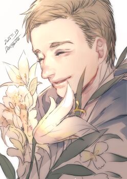 1boy beniya_0608 blonde_hair closed_eyes commentary_request dated ethan_winters eyelashes flower grey_hoodie highres hood hood_down hoodie leaf lily_(flower) male_focus parted_hair plant resident_evil resident_evil_village short_hair short_sideburns signature smile solo upper_body white_flower