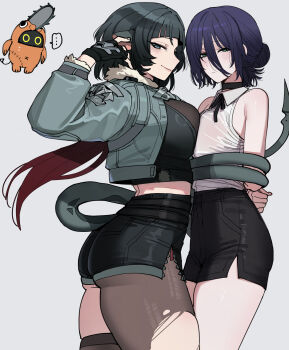 2girls absurdres animal_ears bangboo_(zenless_zone_zero) black_shorts chainsaw_man high-waist_shorts highres jane_doe_(zenless_zone_zero) long_tail mouse_ears mouse_girl mouse_tail multiple_girls pantyhose ratatatat74 reze_(chainsaw_man) sharp_tail shorts single_leg_pantyhose single_thighhigh tail thighhighs torn_clothes torn_pantyhose zenless_zone_zero