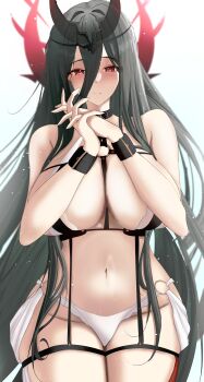 1girl absurdres azur_lane black_hair blush breasts closed_mouth commentary english_commentary francesco_caracciolo_(azur_lane) hands_up highres large_breasts long_bangs long_hair looking_at_viewer mistral_la navel panties revealing_clothes smile solo stomach thigh_strap underwear very_long_hair white_panties
