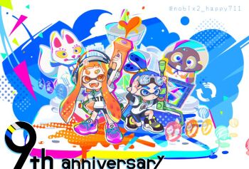 Rule 34 | 1boy, 1girl, anniversary, arm up, artist name, bike shorts, black shorts, blue eyes, blue hair, burst bomb (splatoon), carrying, carrying under arm, chibi, chibi only, closed mouth, clothes writing, colored tongue, commentary request, fangs, full body, game console, goggles, goggles on head, hair ornament, hair scrunchie, halftone, headphones, holding, holding weapon, in-universe location, ink tank (splatoon), inkling, inkling (language), inkling boy, inkling girl, inkling player character, layered sleeves, long hair, long sleeves, nintendo, nobix2 happy711, open mouth, orange eyes, orange hair, orange tongue, pink shoes, purple footwear, scrunchie, shirt, shoes, short over long sleeves, short sleeves, shorts, sneakers, splat bomb (splatoon), splat roller (splatoon), splatoon (series), splatoon 1, splattershot jr. (splatoon), tentacle hair, thick eyebrows, topknot, twintails, weapon, white shirt, wii u, wii u gamepad
