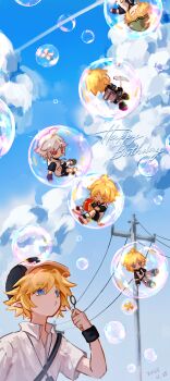 6+boys absurdres ahoge aotu_world baseball_cap black_hat black_shorts blonde_hair blowing_bubbles blue_eyes blue_sky box bubble chibi chibi_inset chinese_commentary clone closed_eyes cloud collared_shirt dated day drawstring english_text flower gift gift_box hair_between_eyes happy_birthday hat highres holding holding_gift hood hood_down hoodie in_bubble jacket jewelry king_(aotu_world) king_(dark)_(aotu_world) looking_at_another looking_up male_focus mini_person miniboy multicolored_hat multicolored_hoodie multiple_boys multiple_persona nansi112513 necklace official_alternate_color official_alternate_eye_color official_alternate_hair_color open_mouth outdoors pointy_ears power_lines red_eyes school_uniform shirt shoes short_hair short_sleeves shorts shoulder_belt sky smile spiked_hair utility_pole white_flower white_hair white_hoodie white_shirt white_shoes wristband