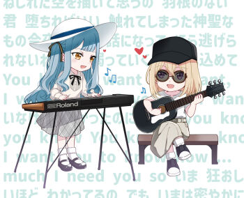 2girls bang_dream! bang_dream!_it's_mygo!!!!! baseball_cap black_hat black_ribbon black_shorts blonde_hair blue_hair chibi chibi_only commentary eighth_note electric_guitar grey_skirt guitar hair_ribbon hat heart instrument keyboard_(instrument) mary_janes medium_hair misumi_uika multiple_girls music musical_note open_mouth playing_guitar playing_instrument purple_eyes rhapsode ribbon shirt shoes shorts skirt smile socks standing togawa_sakiko translation_request two_side_up white_hat white_shirt white_socks