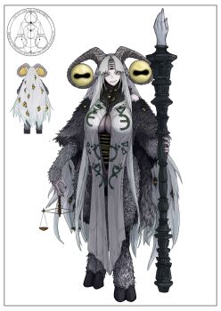 1girl absurdres alternate_form black_border black_nails body_piercings border breasts cleavage commentary curtained_hair disembodied_eye dogbane elden_ring elden_ring_nightreign extra_eyes full_body genderswap genderswap_(mtf) goat_horns goat_legs highres holding_scale horizontal_pupils horns large_breasts libra_(elden_ring) long_hair mage_staff monster monster_focus monster_girl multiple_views sigil staff standing translated very_big_eyes white_background white_hair yellow_eyes