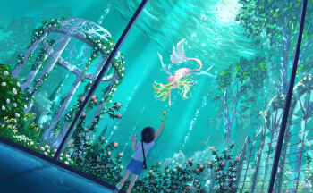 2girls absurdres against_glass air_bubble arm_up black_hair blonde_hair blue_shorts broken_glass bubble child closed_eyes commentary_request day dutch_angle floating_hair flood flower gazebo glass grey_shirt highres holding holding_flower long_hair mermaid monster_girl multiple_girls ocean orange_flower orange_tulip original pink_flower pink_rose reaching reaching_towards_another rose santo_moco shirt short_hair short_sleeves shorts standing too_many_flowers tree tulip underwater