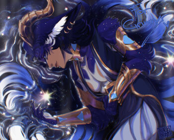 1boy animal_ear_piercing animal_ears blackberreh-art blue_hair body_fur commentary commission dark_skin english_commentary highres horns lips long_hair monster_boy original pectoral_cleavage pectorals sky solo star_(sky)