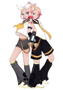 1boy 1girl absurdres ahoge ameyumei arm_warmers artist_name back-to-back bass_clef belt black_leg_warmers black_shorts blonde_hair blue_eyes bow closed_mouth commentary cosplay crop_top detached_sleeves english_commentary from_side full_body gradient_hair grey_leg_warmers grey_sailor_collar grey_shorts hair_bow hair_bun hair_ornament hairclip headphones headset highres kagamine_len kagamine_len_(cosplay) kagamine_rin kagamine_rin_(cosplay) leg_warmers looking_at_another midriff multicolored_hair nail_polish neckerchief necktie nintendo number_tattoo open_mouth parody pokemon pokemon_legends:_z-a red_hair sailor_collar shirt shoes short_hair short_shorts short_sleeves shorts shoulder_tattoo simple_background sleeveless sleeveless_shirt smile standing tattoo taunie_(pokemon) treble_clef two-tone_hair urbain_(pokemon) vocaloid vocaloid_boxart_pose white_background white_bow white_shirt white_shoes yellow_nails yellow_neckerchief yellow_necktie