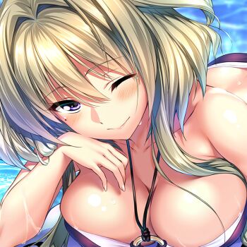 1girl amakano bikini blush breasts brown_hair cleavage closed_mouth collarbone commentary_request cropped hair_between_eyes hair_intakes kanbayashi_mizuki large_breasts long_sidelocks looking_at_viewer mole mole_under_eye official_art piromizu purple_bikini purple_eyes second-party_source short_hair_with_long_locks sidelocks smile solo swimsuit water