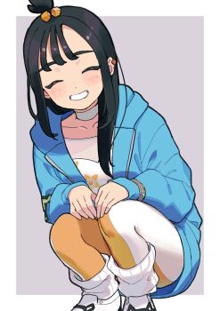 1girl absurdres black_hair blue_hoodie blush closed_eyes cube_hair_ornament earclip facing_viewer furukawa_raku hair_ornament highres hood hood_down hoodie leggings lida_(pokemon) long_hair long_sleeves nintendo open_mouth orange_leggings pokemon pokemon_legends:_z-a ribbed_socks shirt simple_background smile socks solo squatting teeth topknot two-tone_legwear white_leggings wispy_bangs