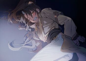 1boy bindi bound bound_wrists brown_hair chinese_clothes crying crying_with_eyes_open gzgzmym hanfu high_ponytail jin_ling long_hair long_sleeves lying male_focus modao_zushi on_side ponytail robe rope tears wide_sleeves yellow_eyes yellow_hanfu yellow_robe