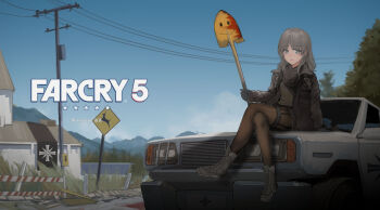 1girl absurdres aegisfate blood blue_eyes car commentary far_cry far_cry_5 female_focus green_hair highres looking_at_viewer motor_vehicle on_car pantyhose shoes sky smile solo thighhighs tree