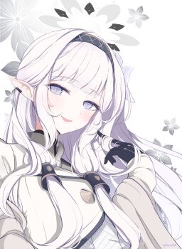 1girl absurdres black_gloves black_hairband black_halo blue_archive commentary earclip elf floral_background flower gloves grey_halo hair_flower hair_ornament hair_tubes hairband halo hand_in_own_hair hashtag-only_commentary highres himari_(blue_archive) jacket long_hair long_sleeves looking_at_viewer mole mole_under_eye multicolored_halo open_mouth pointy_ears purple_eyes sakurano_rocco smile striped_clothes striped_hairband symbol-only_commentary two-tone_halo white_background white_hair white_halo white_jacket