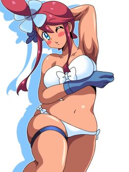 1girl armpits bikini blue_eyes blush dark-skinned_female dark_skin gloves inabakun00 long_hair nintendo one_eye_closed pokemon pokemon_bw red_hair skyla_(pokemon) swimsuit thigh_strap