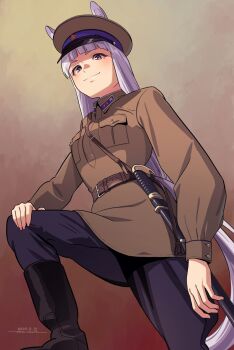 Rule 34 | 1girl, alternate costume, animal ears, belt, black boots, boots, breast pocket, brown belt, brown tunic, closed mouth, commentary request, commission, cowboy shot, dated, from below, gold ship (umamusume), grey pants, hand on own knee, hat, horikou, horse ears, horse girl, horse tail, long hair, long sleeves, looking at viewer, military hat, military uniform, pants, peaked cap, pocket, purple eyes, sam browne belt, scabbard, sheath, signature, skeb commission, smile, solo, soviet army, sword, tail, tunic, umamusume, weapon, white hair