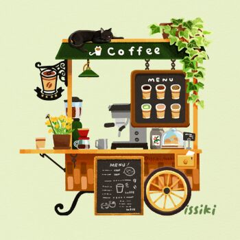 animal artist_name black_cat cafe cat coffee coffee_pot cup disposable_cup english_text flower flower_pot green_background issiki_toaki leaf menu menu_board no_humans original plant potted_plant shop sign simple_background yellow_flower