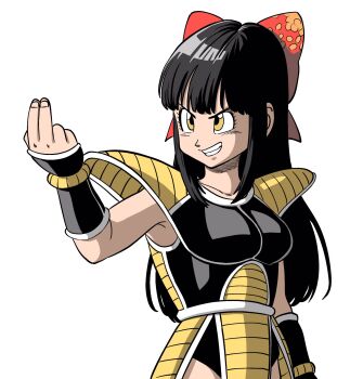 Rule 34 | 1girl, armor, black leotard, bow, breasts, commentary request, cosplay, dragon ball, dragonball z, evil grin, evil smile, grin, hair bow, highres, hip armor, indie virtual youtuber, lee (dragon garou), leotard, long hair, medium breasts, mito wakana, nappa, nappa (cosplay), parody, red bow, saiyan armor, shoulder armor, smile, solo, style parody, toriyama akira (style), upper body, virtual youtuber