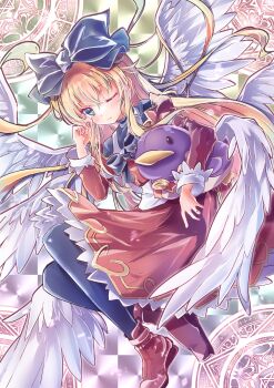 Rule 34 | 1girl, aruma (shinrabanshou), blue bow, blue pantyhose, bow, brown shoes, closed mouth, commentary request, commission, dress, feathered wings, gold trim, green eyes, hair bow, highres, holding, holding stuffed toy, long hair, magic circle, meguri uguisu, multiple wings, one eye closed, pantyhose, red dress, rubbing eyes, shinrabanshou, shoes, skeb commission, solo, stuffed animal, stuffed penguin, stuffed toy, waking up, white wings, wings