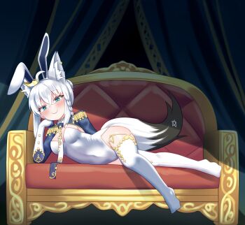 1girl adapted_costume ahoge animal_ear_fluff animal_ears blush braid breasts commentary_request crown curtains epaulettes fake_animal_ears fox_ears fox_girl fox_tail gloves green_eyes hair_between_eyes hair_bun head_rest hololive leotard llxr18 looking_at_viewer lying medium_breasts mini_crown necktie on_bench on_side pentagram playboy_bunny rabbit_ears shirakami_fubuki shirakami_fubuki_(fbkingdom) short_hair sidelocks single_braid smile solo tail thighhighs virtual_youtuber white_gloves white_hair white_leotard white_thighhighs