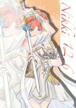 1girl absurdres armor asymmetrical_dress blue_gemstone bracer breastplate brown_background brown_eyes character_name chest_jewel chi_(zuanmeng) chinese_commentary collar commentary_request covered_mouth cowboy_shot dated detached_collar dress expressionless eyelashes eyes_visible_through_hair frilled_collar frills gem hair_bun hair_intakes highres holding holding_sword holding_weapon infinity_nikki light_blush looking_at_viewer melody_bloom_(infinity_nikki) nikki_(nikki) nikki_(series) off-shoulder_dress off_shoulder pink_hair pleated_dress short_hair_with_long_locks short_sleeves sidelocks single_hair_bun solo standing strapless strapless_dress sword thighs two-tone_background updo weapon white_background white_collar white_dress zoom_layer