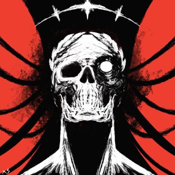 1boy artificial_eye cable commentary corpse emaciated emperor_of_mankind english_commentary facing_viewer halo highres hollow_eyes laurel_crown laurels mechanical_eye red_background signature skeleton solo teeth thefearmaster warhammer_40k