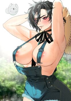 1girl areola_slip armpits black_hair blue_overalls blurry blurry_background blush breasts day final_fantasy final_fantasy_xiv hair_tie_in_mouth hat highres hyur jewelry large_breasts looking_at_viewer mole mole_under_eye mouth_hold outdoors overalls pendant pink_eyes shishamo_712 short_hair solo straw_hat sweat upper_body warrior_of_light_(ff14)