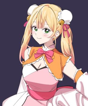 1girl bell black_background blonde_hair blush bow bowtie breasts bun_cover center-flap_bangs cleavage cleavage_cutout clothing_cutout detached_sleeves double_bun dress frilled_dress frills gradient_hair green_eyes hair_bell hair_bow hair_bun hair_ornament hololive large_breasts long_hair looking_at_viewer momosuzu_nene momosuzu_nene_(jiangshi) multicolored_dress multicolored_hair nozomi_(blue_archive) official_alternate_costume official_alternate_hairstyle orange_dress pink_bow pink_dress pink_hair simple_background uuoftn virtual_youtuber white_dress