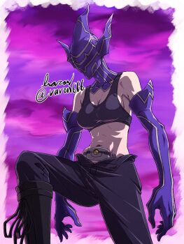 1girl bare_shoulders baron_(varon666) black_bra black_pants border bra breasts character_request cleavage cowboy_shot fuuto_tantei highres kamen_rider kamen_rider_w large_breasts navel pants purple_background purple_mask solo tokime_(fuuto_tantei) twitter_username underwear white_border