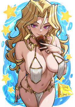 1girl blonde_hair bracelet breast_curtains breasts card cleavage collarbone earrings gold gold_bracelet gold_earrings hair_intakes harem_outfit highres holding holding_card jewelry kujaku_mai large_breasts long_hair neck_ribbon pelvic_curtain purple_eyes redjet revealing_clothes ribbon solo thighs very_long_hair wavy_hair yu-gi-oh! yu-gi-oh!_duel_monsters
