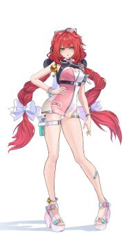 Rule 34 | 1girl, absurdres, bow, braid, braided twintails, breasts, camera, camera around neck, cleavage cutout, clothing cutout, eyewear on head, facial mark, full body, green eyes, hand on own hip, hearing aid, heart, heart-shaped eyewear, heart facial mark, high heels, highres, kabuto tong, large breasts, long hair, looking at viewer, official alternate costume, one-piece swimsuit, open mouth, pink one-piece swimsuit, red eyes, solo, swimsuit, twintails, two-tone one-piece swimsuit, ukinami yuzuha, ukinami yuzuha (tanuki in broad daylight), water gun, white bow, white one-piece swimsuit, zenless zone zero