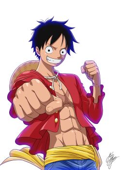 1boy abs backlighting bare_pectorals black_eyes black_hair clenched_hands grin hat hat_on_back male_focus marco_albiero monkey_d._luffy one_piece open_clothes open_shirt pectorals scar scar_on_chest signature smile solo straw_hat upper_body