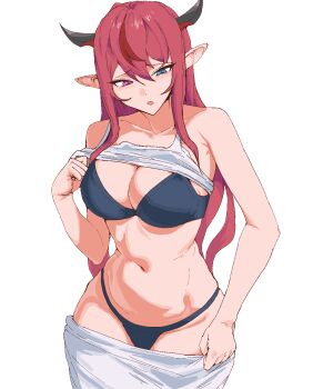1girl black_bra black_horns black_panties blue_eyes bra breasts clothes_lift clothes_pull commentary cowboy_shot heterochromia highres hololive hololive_english horns irys_(hololive) large_breasts multicolored_hair navel panties pants pants_pull pointy_ears purple_eyes purple_hair red_hair shirt shirt_lift simple_background sio4_4 solo streaked_hair two-tone_hair underwear virtual_youtuber white_background white_pants white_shirt