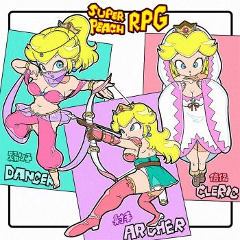 1girl arabian_clothes archery armor ass bandeau barefoot belly_dancing blonde_hair boots bow_(weapon) bracelet breasts cleavage cleric collarbone commentary_request crown dragon_quest earrings english_text fingerless_gloves gloves harem_outfit harem_pants high_ponytail hooded_dress jewelry large_breasts long_sleeves mario_(series) meijin_okd mouth_veil multiple_views navel nintendo pants parody ponytail princess_peach shoulder_armor smile super_mario_rpg thighs title_parody veil weapon