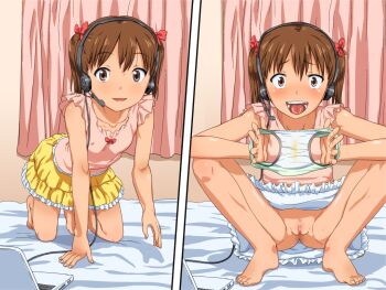 1girl all_fours barefoot bed bedroom blush bow brown_eyes brown_hair censored clitoris computer curtains feet female_focus female_pubic_hair flat_chest freckles green_panties hair_bow hair_ribbon headset holding holding_unworn_clothes holding_panties holding_underwear holding_unworn_clothes indoors laptop loli looking_at_viewer mosaic_censoring nannaru_(nananana) no_panties open_mouth original panties pubic_hair pussy pussy_juice ribbon short_twintails sitting skirt solo split_screen spread_legs squatting stain stained_panties sweat teeth toes tongue twintails underwear unworn_panties upskirt