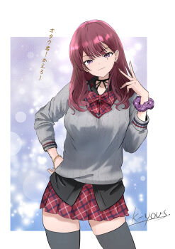 1girl alternate_costume alternate_hairstyle aqua_eyes black_shirt blue_background border bow bowtie breasts brown_hair center-flap_bangs cevio choker collarbone commentary_request contrapposto cowboy_shot earrings grey_sweater grey_thighhighs hand_on_own_hip head_tilt highres hoop_earrings jewelry k-yous large_breasts long_hair long_sleeves looking_at_viewer mole mole_under_eye natsuki_karin partial_commentary plaid_bow plaid_bowtie plaid_clothes plaid_skirt pleated_skirt purple_scrunchie red_bow red_bowtie red_skirt ribbed_sweater ribbon_choker school_uniform scrunchie shirt shirt_under_sweater signature single_earring skirt smug solo sweater thighhighs translated v white_border wrist_scrunchie zettai_ryouiki
