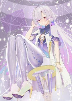 1girl absurdres blush chinese_commentary closed_mouth colored_eyelashes commentary_request dress earrings hair_intakes hair_ornament halo hand_up high_heels highres holographic_interface jacket jewelry long_hair mornye_(wuthering_waves) muyanmuyan purple_dress red_eyes see-through_body solo triangle_earrings white_jacket wuthering_waves