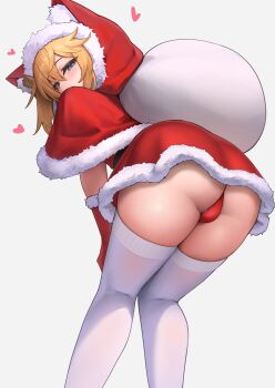 1boy absurdres androgyne_symbol animal_ear_hood ass bad_source belt belt_around_waist black_belt blonde_hair blue_eyes blush bridget_(guilty_gear) bulge capelet christmas commentary_request crossdressing crossdressing_(mtf) dress fake_animal_ears from_behind fur-trimmed_capelet fur-trimmed_dress fur-trimmed_gloves fur-trimmed_hood fur_trim gloves grey_background guilty_gear guilty_gear_strive hair_between_eyes hakusyokuto heart highres holding holding_sack hood looking_at_viewer looking_back loving_aura male_focus medium_hair panties red_capelet red_gloves red_hood red_panties sack santa_costume simple_background skindentation solo standing thighhighs thighs thong trap underwear white_thighhighs