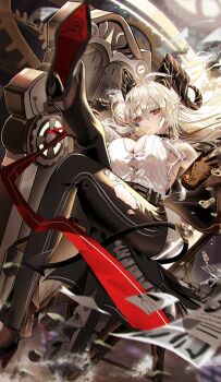 1girl absurdres ahoge armband bare_shoulders black_armband black_choker black_gloves black_pants breasts bubble button_gap can chair choker commentary curled_horns demon_tail english_commentary gloves high-waist_pants high_heels highres holding holding_can holding_shield horns large_breasts leg_up long_hair looking_at_viewer mole mole_under_eye necktie on_chair pants red_eyes red_necktie shield shirt sitting sleeveless sleeveless_shirt soare_lucien solo tail tight_clothes tight_pants weapon white_hair white_shirt wuthering_waves zani_(wuthering_waves)