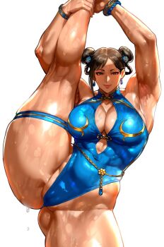 1girl abs alternate_costume armpits arms_up ass bad_tag black_hair blue_one-piece_swimsuit bracelet breasts capcom chun-li cleavage cleavage_cutout clothing_cutout commentary cowboy_shot curvy double_bun english_commentary flexible gluteal_fold hair_bun highleg highleg_one-piece_swimsuit holding_own_leg huge_ass jewelry kisuu large_breasts leg_up light_smile looking_at_viewer muscular muscular_female official_alternate_costume official_alternate_hairstyle one-piece_swimsuit smile solo split standing standing_on_one_leg standing_split street_fighter street_fighter_6 swimsuit thick_thighs thigh_strap thighs thong_one-piece_swimsuit wet wet_clothes white_background wide_hips