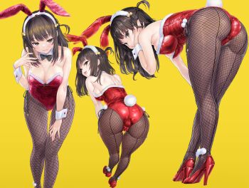 1girl akishino_yuzuki animal_ears ass bare_arms bent_over black_bow black_bowtie black_hair black_pantyhose bow bowtie breasts brown_eyes christmas cleavage commentary_request detached_collar fishnet_pantyhose fishnet_thighhighs fishnets hair_bobbles hair_ornament high_heels highres indie_virtual_youtuber kiyama_satoshi leotard long_hair looking_at_viewer looking_back medium_breasts multiple_views pantyhose playboy_bunny rabbit_ears red_leotard red_shoes shoes sideboob sidelocks simple_background smile standing thighhighs trefoil variant_set virtual_youtuber wrist_cuffs yellow_background