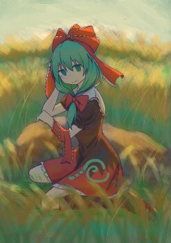 1girl absurdres azp_29 boots bow frilled_ribbon frills front_ponytail green_eyes green_hair hair_ribbon highres kagiyama_hina looking_at_viewer outdoors red_bow red_ribbon ribbon smile solo touhou wrist_ribbon