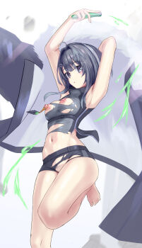 1girl ahoge arknights armpits barefoot black_coat black_eyes black_hair breasts cleft_of_venus coat foot_out_of_frame hair_intakes highres holding holding_test_tube inverted_nipples jumping la_pluma_(arknights) liquid medium_breasts medium_hair menmon navel nipple_piercing nipples paid_reward_available piercing pubic_hair pussy shirt shorts single_nipple_piercing solo test_tube torn_clothes torn_shirt torn_shorts