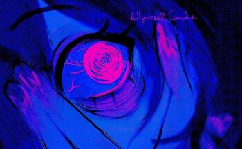 analogous_colors bags_under_eyes crazy_eyes english_text eye_focus holding_eye_open implied_self-harm konicomchiee looking_at_viewer original out_of_frame pink_eyes veins wide-eyed