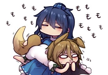 Rule 34 | 2girls, = =, animal ears, armor, black coat, blonde hair, blue hair, blue hat, blush, coat, commentary request, dress, fox ears, fox girl, fox tail, frilled dress, frills, grabbing another's tail, hair between eyes, hat, iizunamaru megumu, kudamaki tsukasa, long hair, long sleeves, multiple girls, no mouth, no nose, one-hour drawing challenge, pauldrons, pom pom (clothes), puffy short sleeves, puffy sleeves, ribbon-trimmed sleeves, ribbon trim, romper, short hair, short sleeves, shoulder armor, simple background, single pauldron, sitting, sleeveless, sleeveless coat, solid oval eyes, tail, tokin hat, touhou, trembling, unime seaflower, white background, white romper