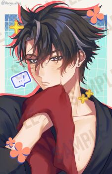 ...! 1boy black_hair black_shirt commentary earrings english_commentary genshin_impact grey_eyes grey_hair hair_between_eyes haryu_chee holding holding_towel jewelry male_focus multicolored_hair open_clothes open_shirt shirt short_hair solo streaked_hair towel wriothesley_(genshin_impact)